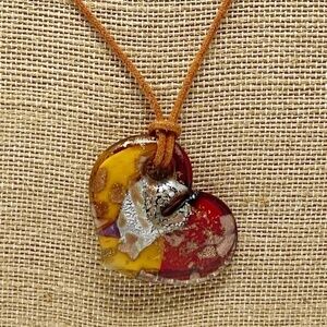 Murano Glass Heart Pendant on Brown Leather Cord